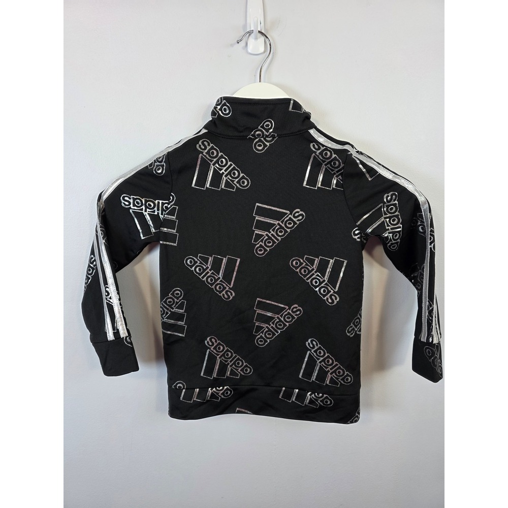 Adidas Tddler Girls 4 Black Silver Metallic All Over Logo Track Jacket Full Zip - Picture 5 of 7